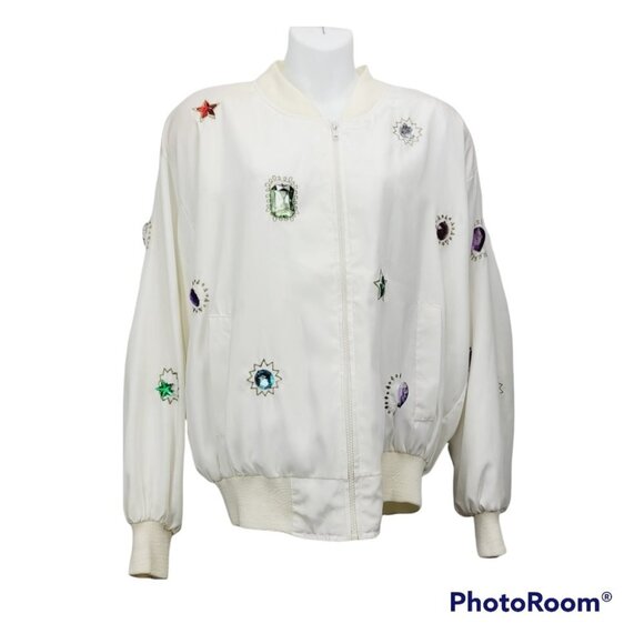 Minimalist Neutral White pearl embellished Embroidered Zip Up Jacket size M - Picture 4 of 15